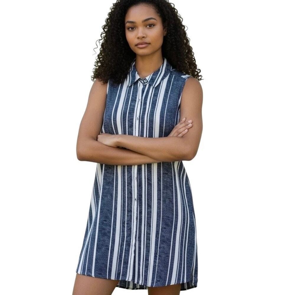 Alfani Womens Shift Dress 6 Blue White Striped Sleeveless Button Up Slit Hem